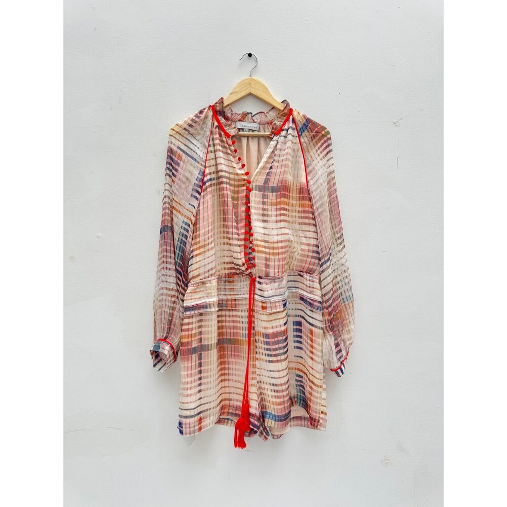 Adelyn Rae Plaid Chiffon Romper Size L Red Trim Tassel Tie Sheer